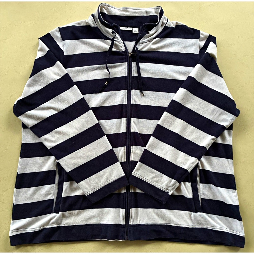 Croft & Barrow Womens 2X Full Zip Sweatshirt Jacket Navy Blue White Striped Mock